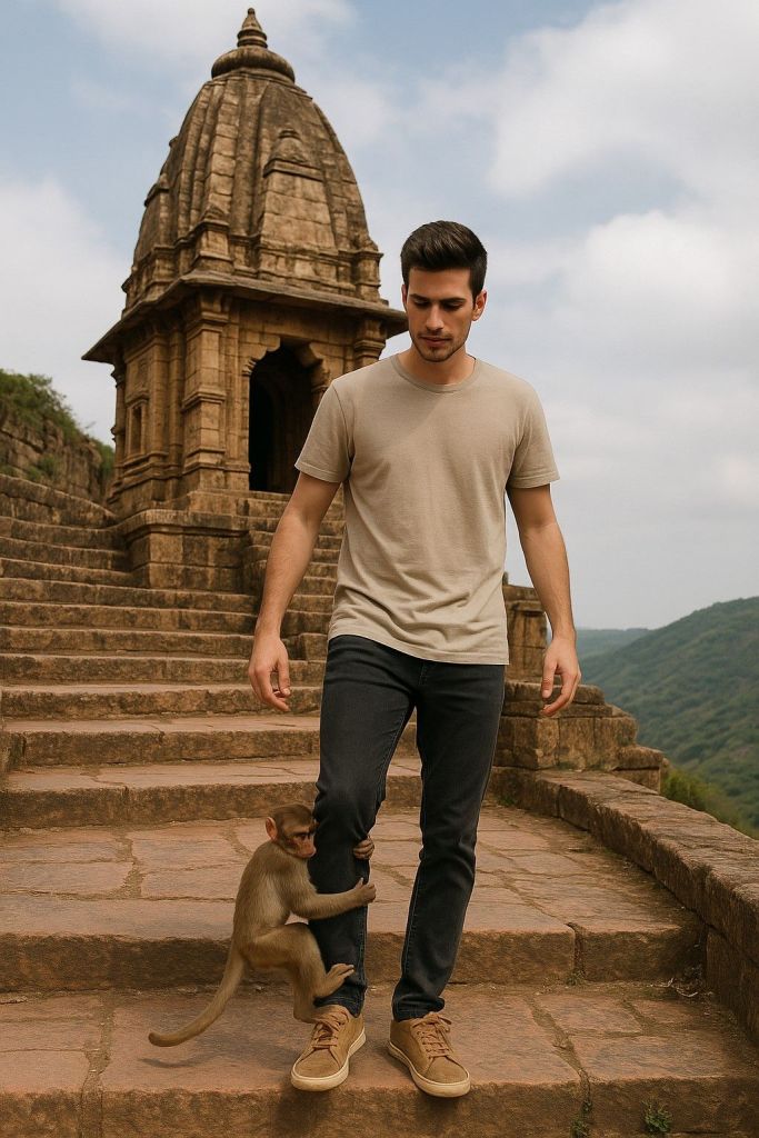 An AI generated image of the incident that happened with the writer of this article during the Kotdwar trip. In this, the monkey clings to the leg of the writer.