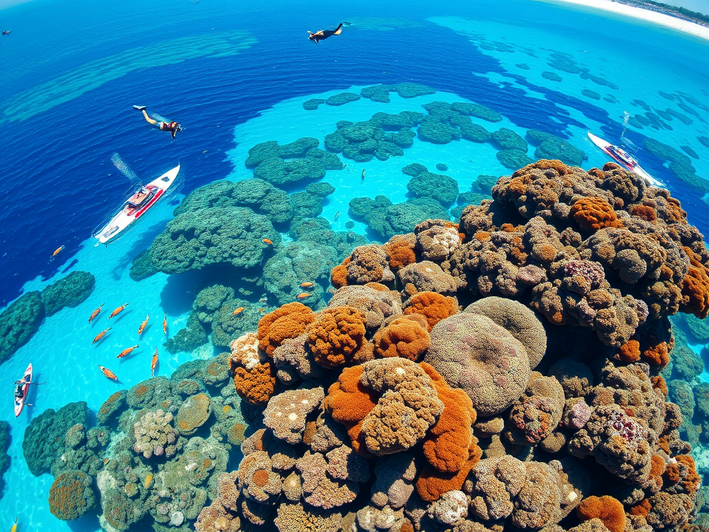 An AI Generated image of the Great Barrier Reef which display different reefs and activities can be done there.