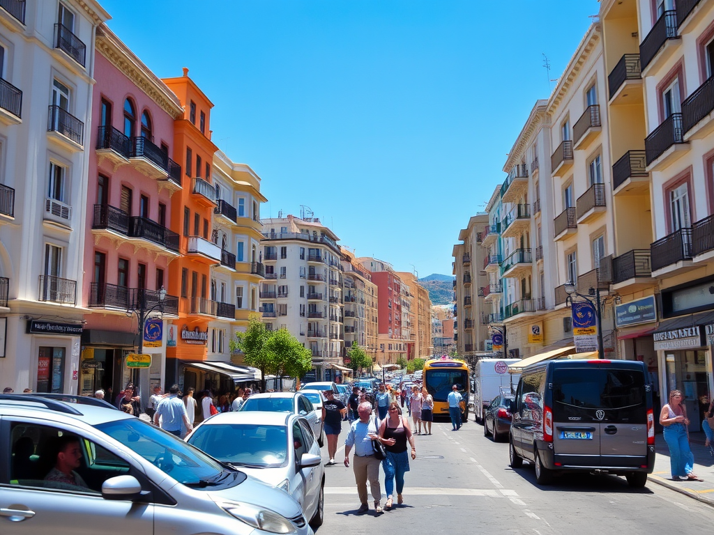 An AI generated image of Reggio Calabria city Centre displaying the hotels, walking tourists, and getting around options.