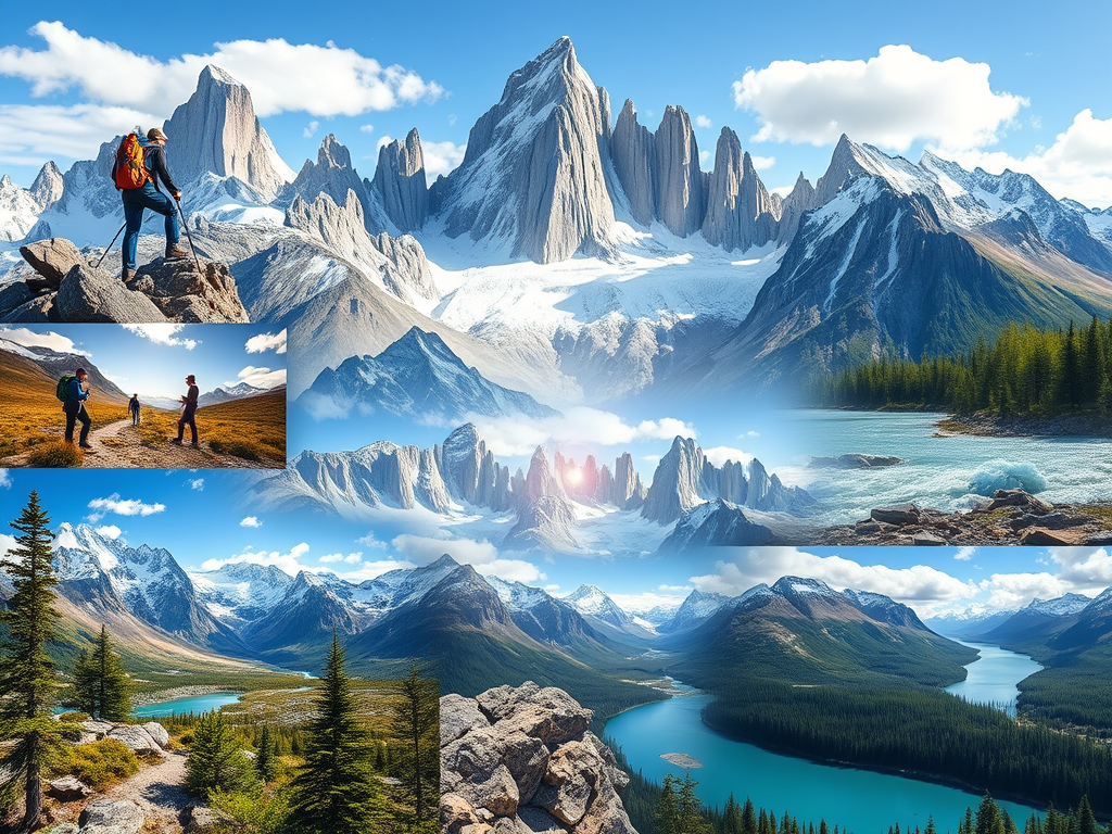 An image with a few other images within it, displaying different locations and activities that can be done in Torres del Paine National Park, Chille. 