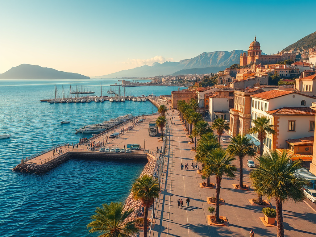 An AI generated image that displays the beauty of the Reggio Calabria Italy by including its famous Lungomare Falcomatà.