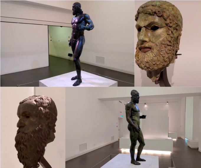 An image of Reggio Calabria's National Archaeological Museum displaying Riace Bronze and two other sculptures.