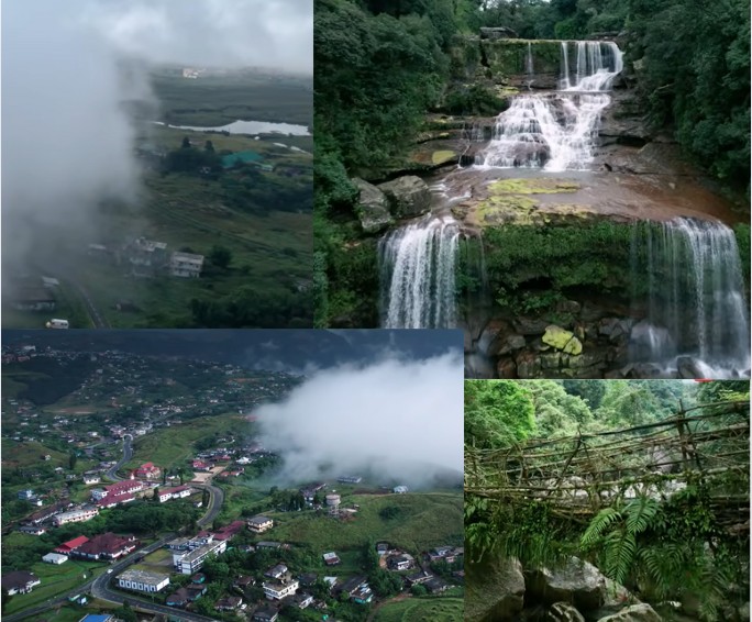 A scenic collage showcasing different tourist destinations of Meghalaya, including living root bridges in Cherrapunji, waterfalls, misty hills of Shillong, and lush green landscapes of Mawlynnong.