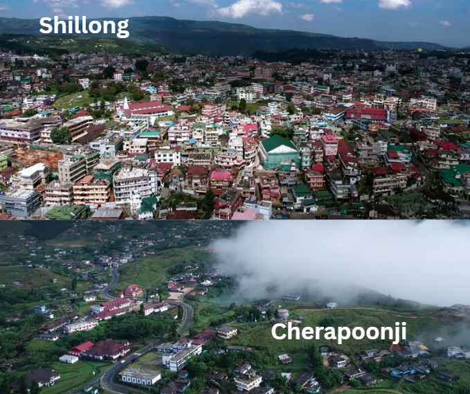 A picturesque view featuring the misty hills of Shillong and the lush green landscapes of Cherrapunji