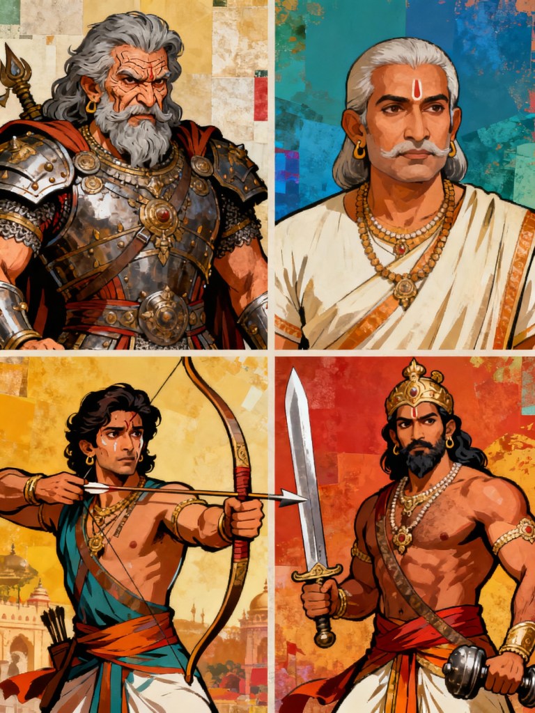 AI-generated depiction of Mahabharat warriors Bhishma, Drona, Karna, and Duryodhana from the Kaurava army, shown in detailed, battle-ready poses.