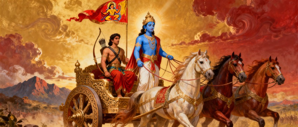 Arjun standing on his chariot holding a bow, Krishna steering the horses as charioteer, with a golden flag on the chariot depicting the symbol of Hanuman. The background shows a battlefield scene with dust and warriors.