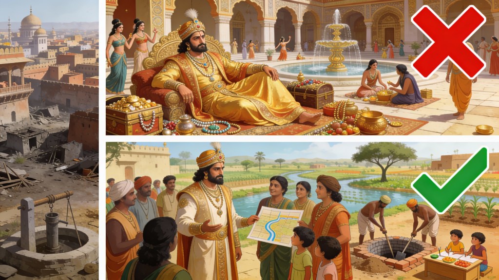 Contrasting illustrations of ancient Indian kings: upper image shows a selfish king lounging amid palace luxuries with a red cross symbol indicating poor leadership; lower image depicts a benevolent king working with thriving villagers on welfare projects, marked by a green check for ideal rule.