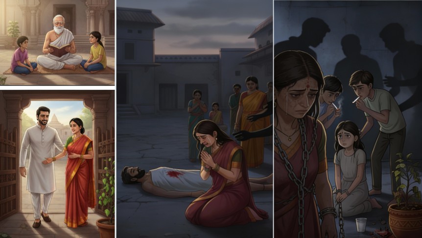 यह AI-जनरेटेड इमेज दिखाती है कि परिवार का आदमी परिवार की रक्षा करता है और परिवार के बड़े लोग अगली पीढ़ी को ज्ञान देते हैं। लेकिन, जब परिवार के ये आदमी मर जाते हैं, तो सुरक्षा न मिलने से महिलाएं अधर्मियों की गुलाम हो जाती हैं और ज्ञान न मिलने से बच्चे अधर्मी अर्थात वर्णसंकर के शिकार बन जाते हैं।