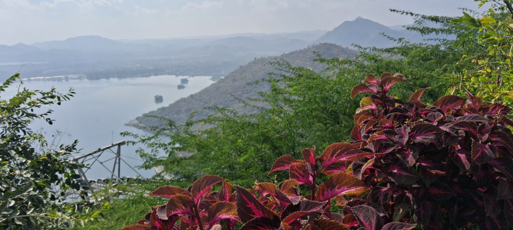 View from the hilltop of Neemach Mata Temple showing a calm lake surrounded by green hills and trees, with red leaves visible in the foreground under a clear sky.