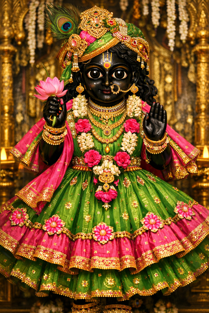AI-generated cute artistic depiction of Shrinathji, shown with a black complexion, large expressive eyes, and traditional attire, inspired by devotional descriptions rather than an exact likeness.