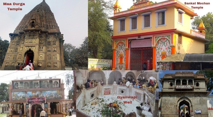 A collage showcasing Varanasi's must-visit temples: Durga Temple, Sankat Mochan Hanuman Temple, Kal Bhairav Temple, Maa Annapurna Temple, and the Gyanvapi Well.