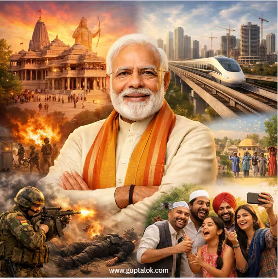 Illustration of Narendra Modi centered with four surrounding scenes showing Ram Mandir Ayodhya, infrastructure development, anti-terror operations, and diverse people celebrating together.