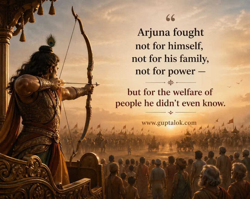 A cinematic depiction of warrior Arjuna aiming his bow on a vast battlefield at sunset, with armies and people in the background. An inspirational quote about selfless duty is displayed prominently.