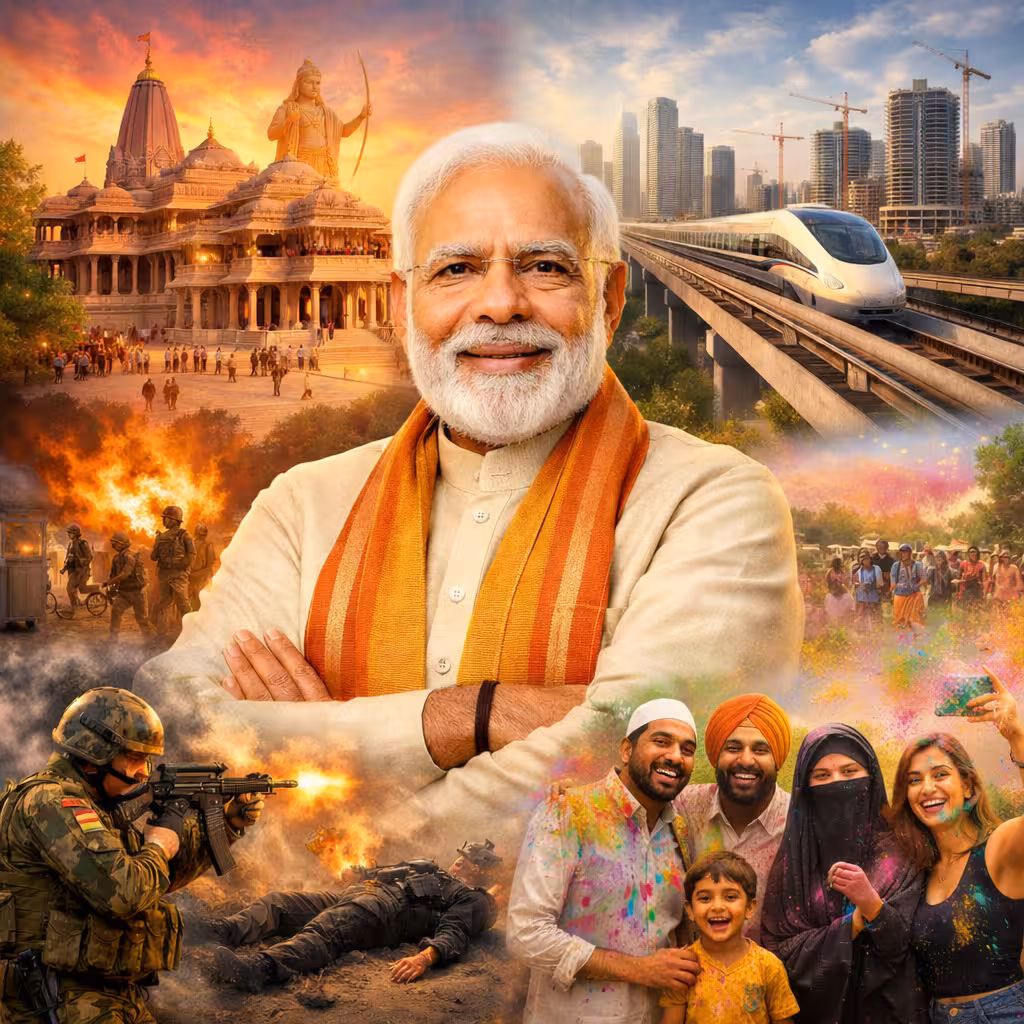 नरेंद्र मोदी का एक चित्र, जिसके केंद्र में वे स्वयं हैं और चारों ओर चार दृश्य दिखाए गए हैं—राम मंदिर (अयोध्या), इन्फ्रास्ट्रक्चर का विकास, आतंकवाद-विरोधी अभियान, और विभिन्न समुदायों के लोगों का मिलकर रहना।