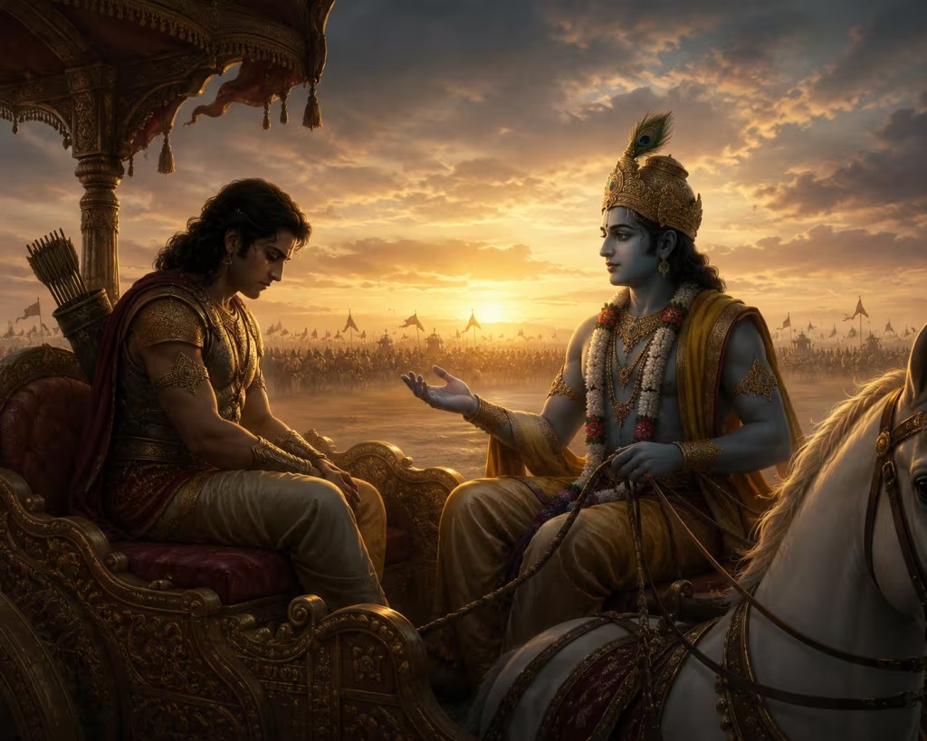 Arjuna sits silently with bowed head on a chariot in the battlefield of Kurukshetra while Lord Krishna calmly guides him, symbolizing complete surrender, inner peace, and trust in the divine.