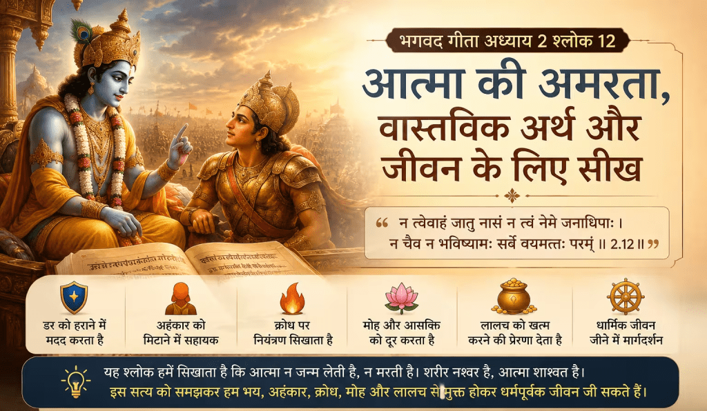 भगवद गीता अध्याय 2 श्लोक 12 का चित्र जिसमें श्रीकृष्ण अर्जुन को आत्मा की अमरता, मृत्यु का सत्य, भय, अहंकार, क्रोध, मोह और लालच से मुक्ति का ज्ञान दे रहे हैं।