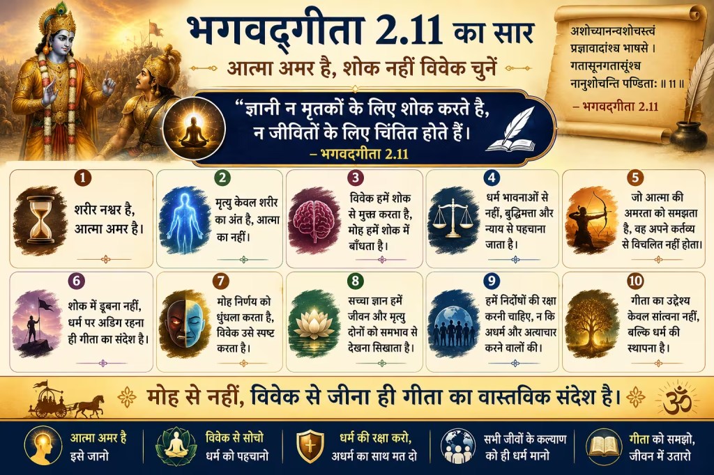 भगवद्गीता अध्याय 2 श्लोक 11 का वास्तविक अर्थ: आत्मा की अमरता, शोक और धर्म का गहन&nbsp;रहस्य