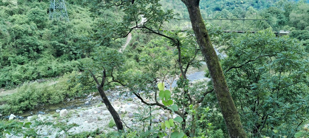 Small rocky creek flowing through a green forest valley near Lansdowne, with dense trees, a metal bridge, and surrounding Himalayan foothills in Uttarakhand.