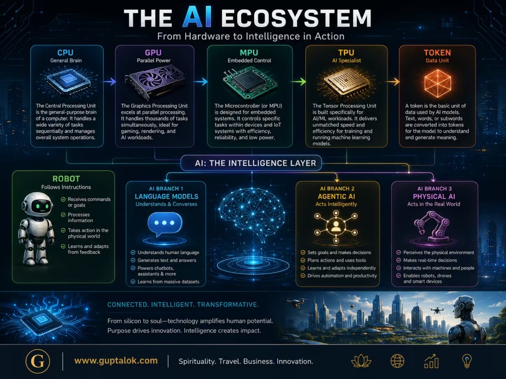 Infographic titled "The AI Ecosystem: From Hardware to Intelligence in Action." The graphic explains the relationship between CPUs, GPUs, MPUs, TPUs, and tokens as foundational components of AI systems. It shows an intelligence layer connecting three major AI branches: Language Models, Agentic AI, and Physical AI. A robot section illustrates how AI receives instructions, processes information, learns from feedback, and acts in the physical world. The infographic highlights the complete AI technology stack from hardware infrastructure to intelligent applications.