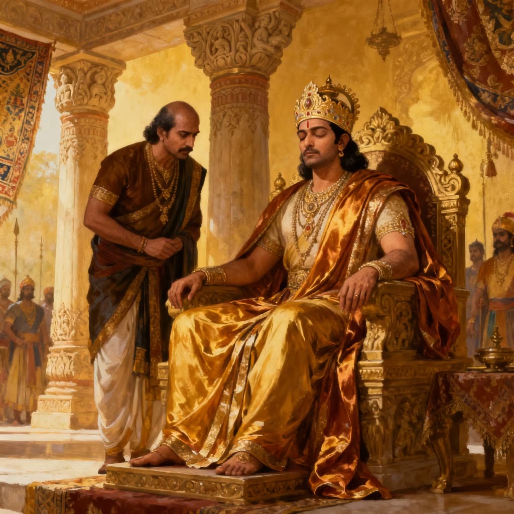 An oil painting-style depiction of King Dhritarashtra from the Indian epic Mahabharata sitting on an ornate golden throne. He is dressed in royal golden and orange silk robes, wearing a crown and heavy jewelry, with his eyes closed to signify his blindness. Standing closely to his right is his advisor Sanjaya, dressed in a brown and white dhoti, leaning forward with a serious expression as if speaking or delivering a message. The setting is a grand, sunlit palace hall with large carved pillars, intricate drapery, and other figures visible in the background.