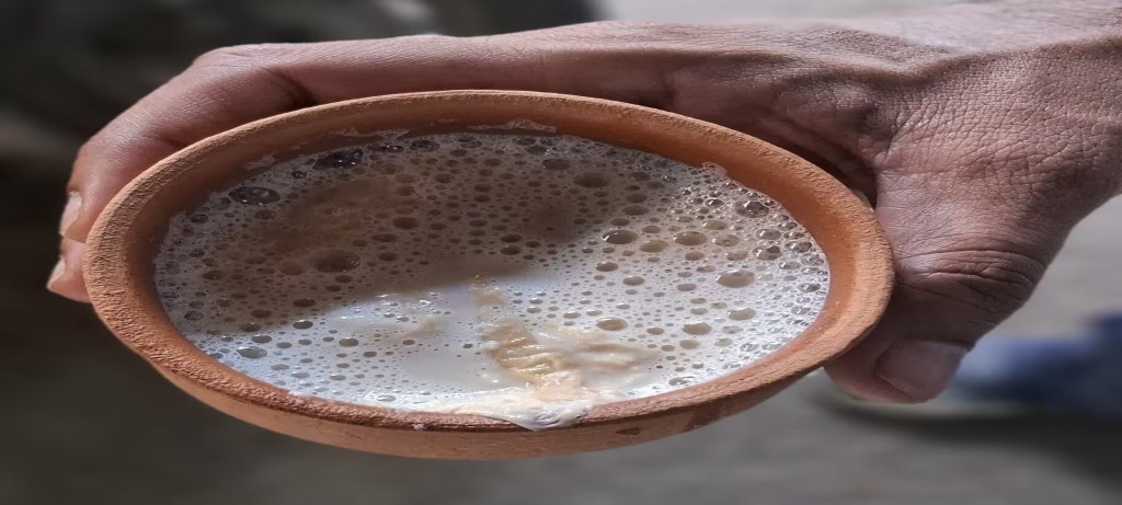 Hot milk in a clay kulhad from Vishnoi Dugdh Bhandar near Haridwar railway station
