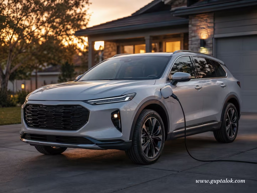 Silver plug-in hybrid SUV charging at home in a driveway at dusk, with charging cable plugged into the front fender
