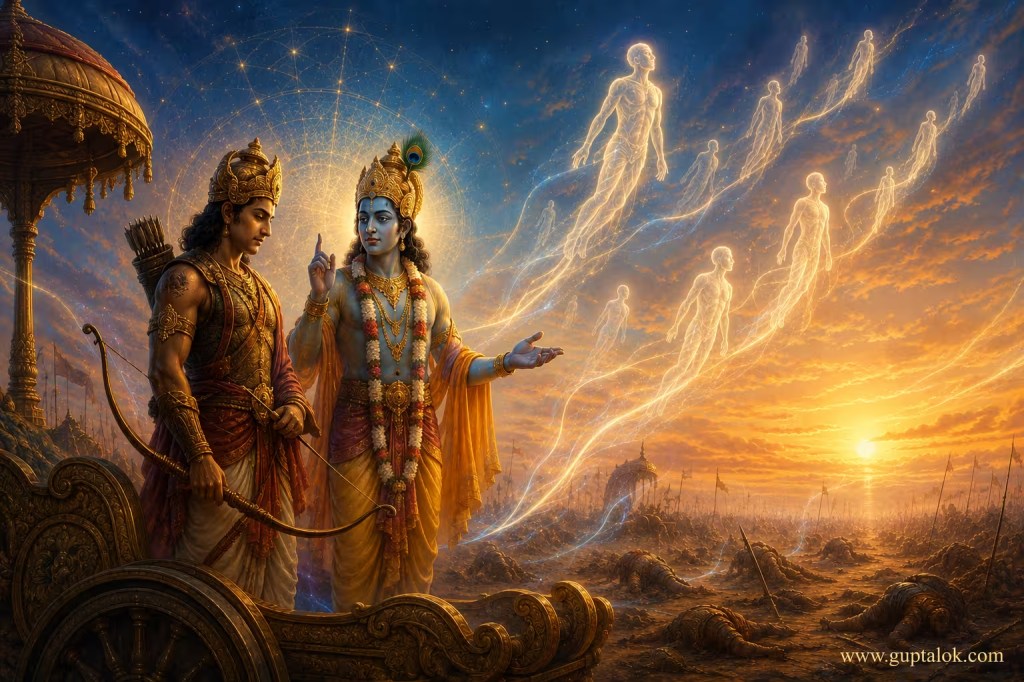 Krishna and Arjun standing on a chariot at the Kurukshetra battlefield during sunset, with Krishna gesturing skyward as glowing translucent souls rise from fallen bodies toward the heavens, illustrating the Bhagavad Gita's teaching on the immortality of the soul.