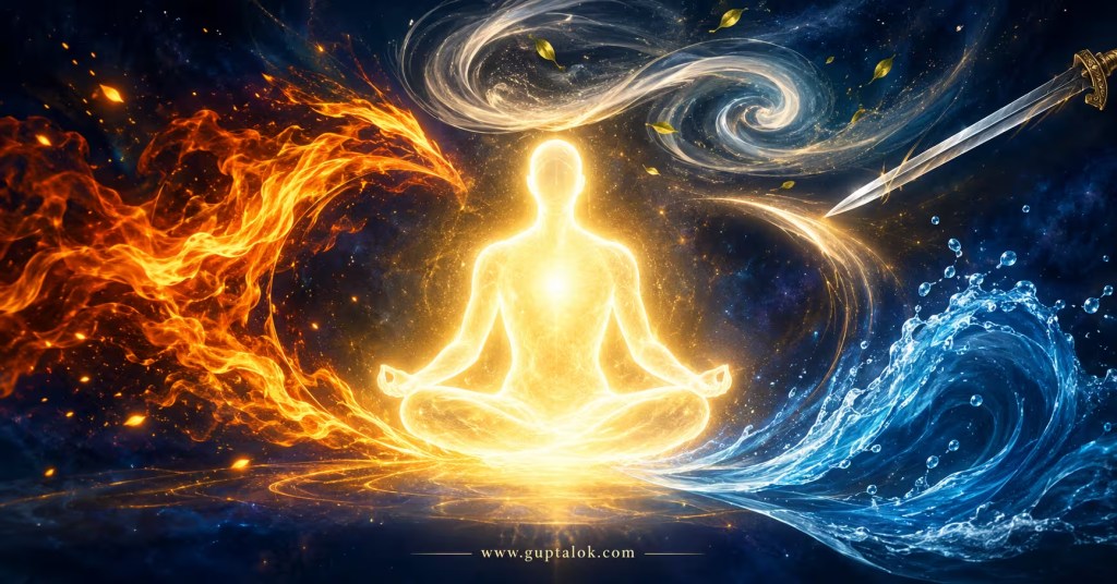 Glowing translucent human silhouette surrounded by fire, water, and wind unable to touch it, symbolizing the indestructible soul as described in Bhagavad Gita verse 2.23