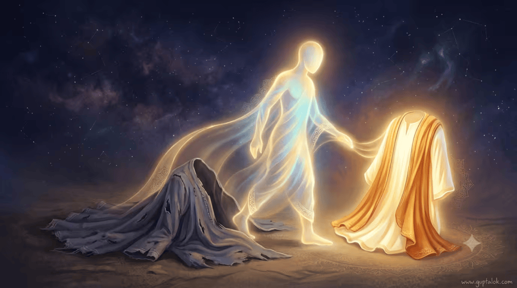 Glowing ethereal figure stepping out of a worn, faded garment toward a radiant new one, symbolizing the soul shedding an old body for a new one as described in Bhagavad Gita verse 2.22
