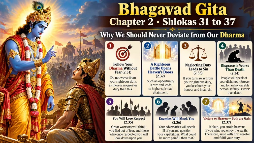 Illustration of Krishna advising Arjuna on the Kurukshetra battlefield, with seven cards explaining Bhagavad Gita 2.31 to 2.37 on why we should never deviate from Dharma.